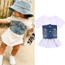 Moda de verano, conjuntos de ropa para niñas, vestido liso de manga corta para niñas + chaleco azul vaquero con cinturón, 2 uds., trajes para niños A236