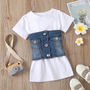 Zomer Mode Kids Meisjes Kleding Sets Korte Mouw Solid A-lijn Jurk + Denim Blauwe Vest Belt 2 stks Kinderen Outfits 371 U2