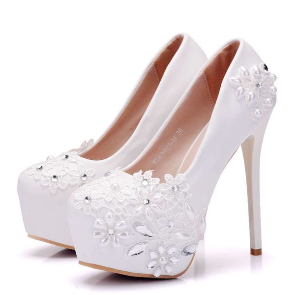 Été mode dentelle fleurs extrême mince talons hauts fête mariage chaussures mariée bout rond blanc rouge plate-forme pompes chaussures