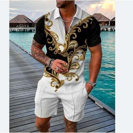 Verano moda solapa cremallera Polo camisa pantalones cortos conjunto grande para hombre Casual impresión 3D deportes traje de dos piezas