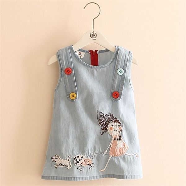 Mode d'été Petite fille Broderie Dessin animé Dog Tank Vest Robes avec boutons O-Cou Baby Girl Girls Robe Denim 210701
