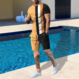 Zomer Mode Mannen Pak Casual Strand Shorts Set 3D Print Streep Korte Mouw T-shirt Ronde Hals 2 Stuk outfits Man Kleding 240102