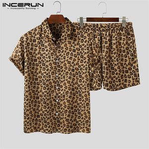 Mode d'été Hommes Ensembles Streetwear Léopard Imprimé Revers Chemise À Manches Courtes Short De Plage Hawaïen Hommes Costumes 2 Pièces INCERUN 5XL 220526