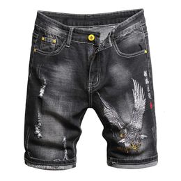Summer Fashion Mens Denim Shorts de style chinois broderie classique Black Stretch Slim Casual Short Jeans Trend Streetwear Male 240327
