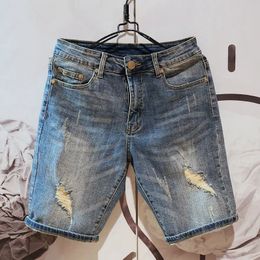 Summer Fashion Mens Hole Denim Shorts Jeans en Blue Baggy for Men Pantal 240429