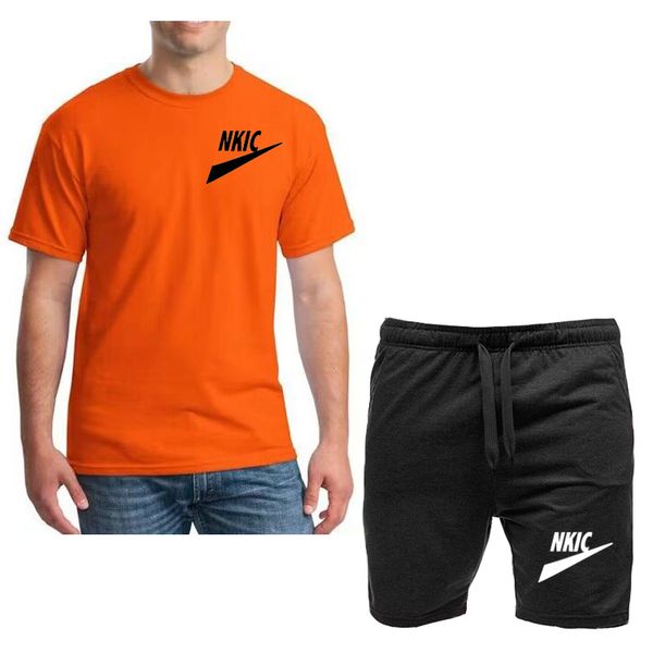 Moda de verano para hombre, conjunto de dos piezas, LOGOTIPO de marca, pantalones cortos para correr, 100% algodón, camiseta naranja, chándal, conjuntos de manga corta, trajes deportivos para hombres