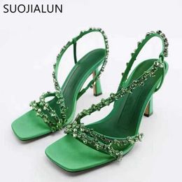 Moda de verano Nuevas sandalias sandalias sandalias suojialun bling cristal banda estrecha damas zapatos de gladiadores elegantes zapatos de tacón altos t230208 64