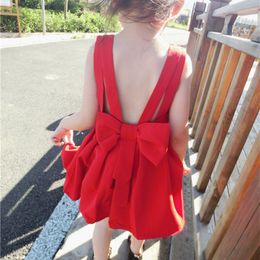 Zomer mode pasgeboren baby meisjes rood schattige mouwloze backless jurk sundress strikknot korte jurk outfit jurken