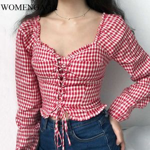 Zomer mode plaid tops vintage vrouwen lieverd hals kant shirt check blouse meisje vrouwelijke cggf 210603
