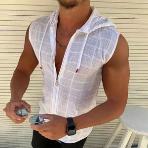 Summer Fashion Plaid Zipper Mouwess Makesed Hooded Cardigan T-shirt Mens Slim Sports Ademfortabele fitness Top 240320