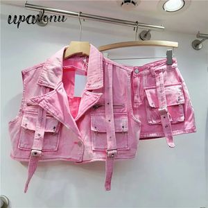 Fashion Summer Retro Pink Large Pocket Design Workwear Denim Set Souples sans manche Vaise Shorthigh Jupe courte Two Piece 240408