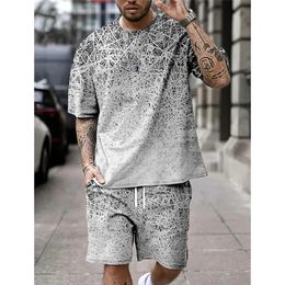 Zomer mode retro print heren t -shirt set op cick shortsleeveved top en shorts alledaagse straat casual slijtage voor mannen 240422