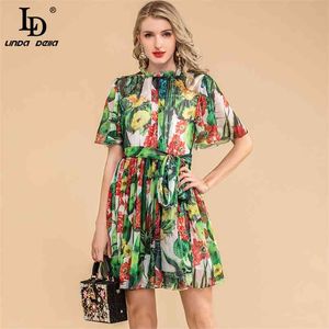 Zomer Mode Runway Silk Jurk Dames Butterfly Sleeve Riem Jungle Green Cactus Print Mini Vintage 210522