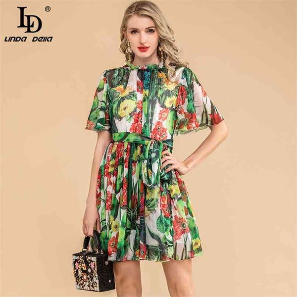 Été à la mode Robe de la piste de la piste de la mode Femmes Butterfly Sleeve Ceinture Jungle Vert Cactus Imprimer Mini Vintage 210522