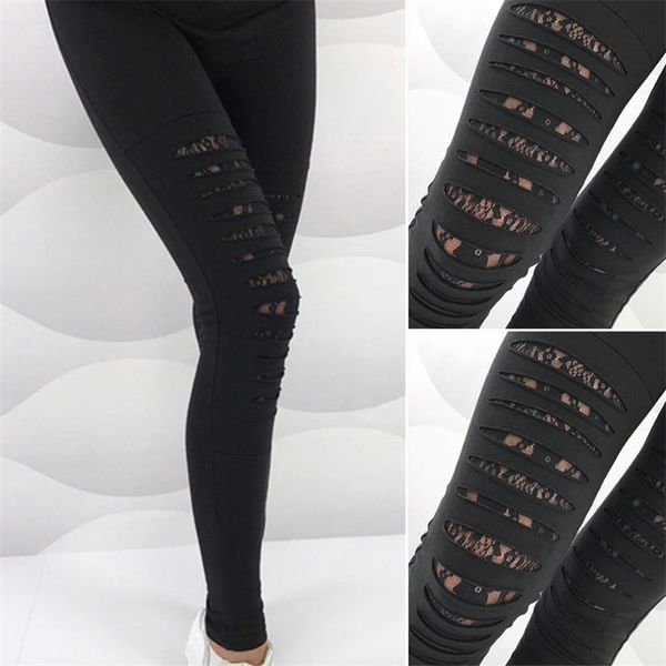 Moda de verano Sexy Lace Torn Ripped Hole Leggings Mujeres Gótico Slim Elástico Elástico Negro Vendaje Pantalones Thin Wear 211215