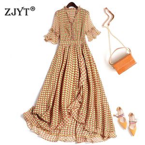 Zomer Mode Korte Mouw Afdrukken Ruffles Asymmetrische Chiffon Jurk Vrouw Elegant Midi Holiday Robe Casual Office Vestidos 210601