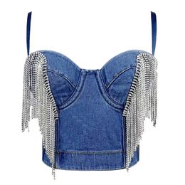 Fashion Summer gland sans bretelles de soutien-gorge en denim Vest Femmes Sexy Nightclub Dance Cowboy Jeans Cropped Top Ropa Mujer 240415