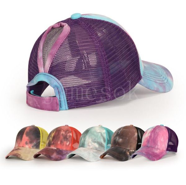 Gorra de béisbol teñida con lazo a la moda de verano con apertura trasera gorras de cola de caballo sombreros de red para mujer sombrero de fiesta 5 colores DB700