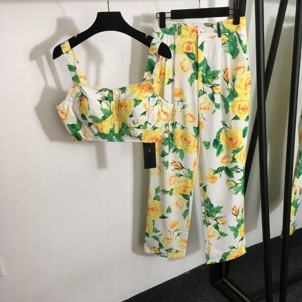Summer Fashion Top Pant sets deux pièces pour les femmes tenue à imprimé floral Spaghetti Sangle et pantalon Suit Conjuntos Femininos Elegantes Holiday Casual