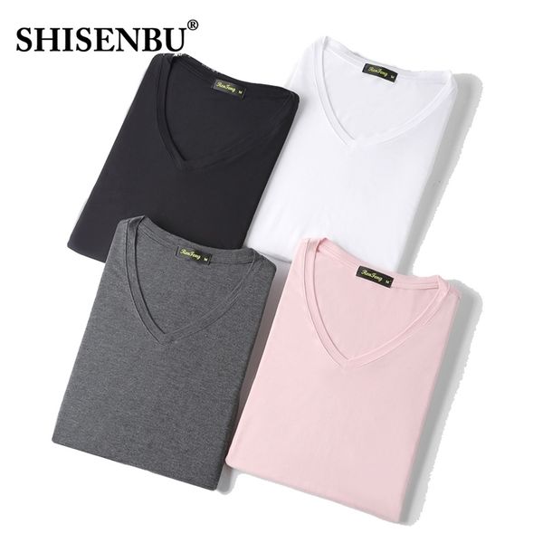 Moda de verano con cuello en V camiseta casual suelta rosa negro fitness 95% fibra de bambú cómodas camisetas de manga corta para hombre camisetas 210323