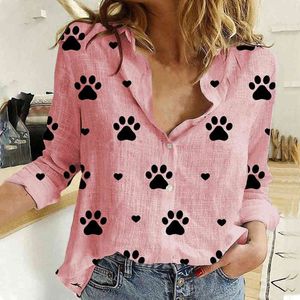 Zomer mode vrouw blouses lente lange mouwen revers kawaii hond print knop top vrouwen shirt losse plus size dameskleding H1230