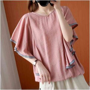 Zomer mode vrouwen vlinder mouw losse t-shirt volledig afgewezen casual katoen linnen tee shirt femme tops Big Size M69 210512