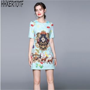 zomer mode vrouwen casual retro print korte mouwen o hals westerse stijl jurk 210531