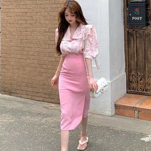 Zomer Mode Vrouwen Gedrukt Puff Sleeve Chiffon Shirt Tops + Side Slit Hoge Taille Rok Twee Stuk Sets 210531