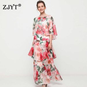 Mode d'été femmes 2 pièces ensemble de vêtements concepteurs de piste chemise en mousseline de soie florale et jupe longue costume tenues 210601