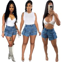 Mode d'été Shorts pour femmes Jeans élastiques Pantalon cargo Zipper Multi Bag Denim Short Pants