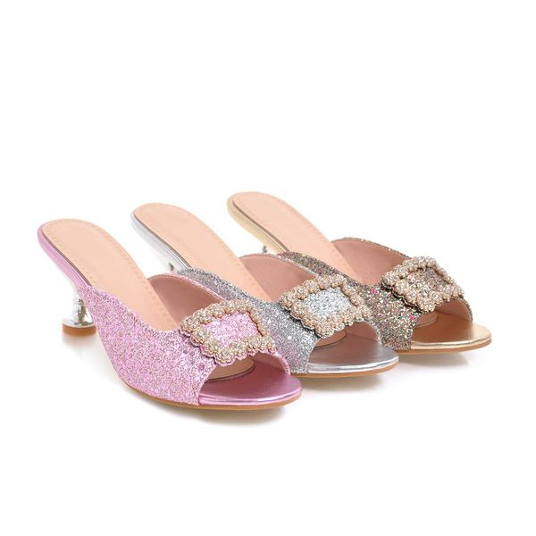 Zapatillas de mujer de moda para mujer Cómoda Tacón bajo de tacón Sandalias Sandalias Glitter Lentejuelas Abre Toe Slip On Slide Sandal Plus Tamaño 32 33 41 42 43