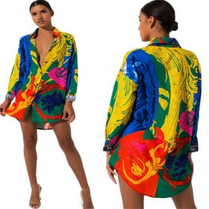 Moda de verano Vestido camisero de mujer Vestidos de manga larga Vestidos de diseñador Colorido pintado de una pieza Ropa al por mayor Tallas grandes S-5XL