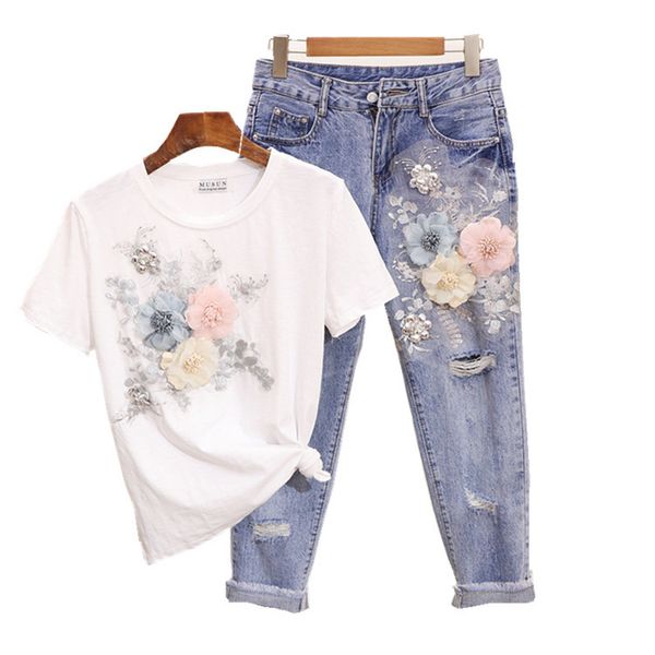 Mode d'été Femmes T-shirt Jeans Style Européen Denim Costume Broderie 3D Fleur Femme Pantalon Vintage Perles Ensembles S XXL 220616