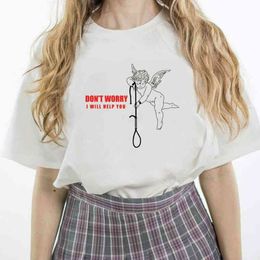 Mode d'été Femmes Tee Angel Ne vous inquiétez pas Esthétique Imprimer Vintage Oversize T-shirt Coton Femme Manches courtes Funny Top Vêtements 210518