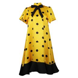 Zomer Mode Gele Polka Dot Kawaii Patchwork Midi Jurken Stropdas Stand Hals Vrouwen Uitlopende Mouwen Casual Wear Party Robe XL 210527