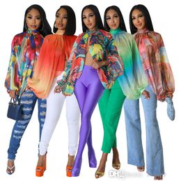 Zomer Modieuze Dames Shirt Top Sexy Chiffon Blouses Elegante Tie Dye Multicolor Bloemenprint Vleermuis Mouw Backless Lace Up Shirts