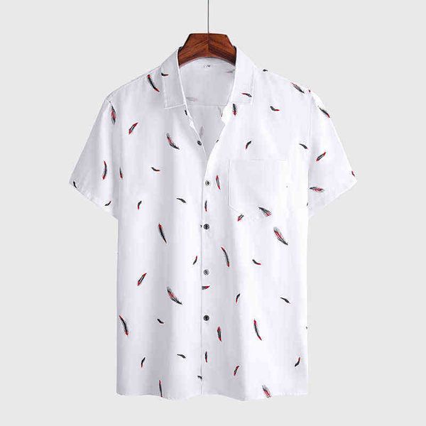 Camisa de verano con estampado de plumas para hombre, camisas hawaianas informales blancas de manga corta para la playa para hombre, ropa de calle, Camisa para hombre, talla europea G0105