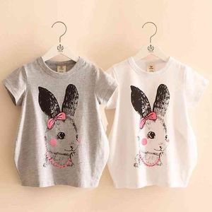 Été Femelle Enfants Coton Blanc Gris Bébé Enfant Long Design Lapin Imprimer Manches Courtes Enfants Filles Lâche T-shirt 210529