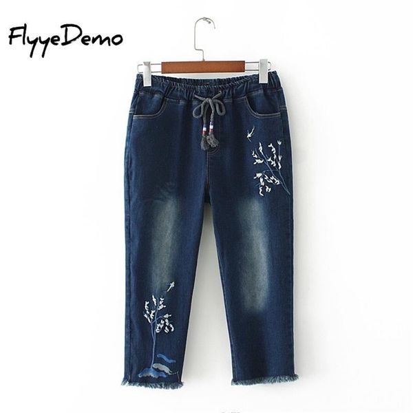 Verano femenino algodón floral bordado flores sueltas pantorrilla longitud jeans pantalones elásticos más tamaño calidad 210629