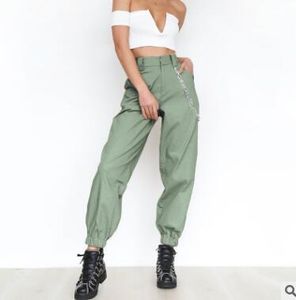 Été femme taille haute sarouel femmes mode mince couleur unie pantalons longs Hip Hop pantalon Streetwear avec chaînes