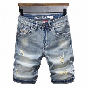 Été Fi Designer Jeans courts hommes rétro mer bleu Stretch Slim Fit déchiré Jeans Vintage décontracté Denim Shorts Hombre R6HA #