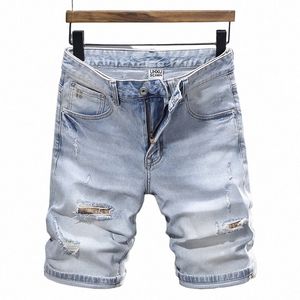 Été Fi Designer Jeans courts hommes rétro bleu clair Stretch Slim Fit Ripped Jeans patché Vintage Casual Denim Shorts hommes r0uP #