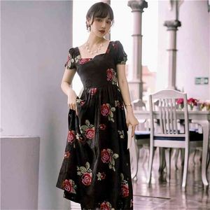 Zomer fit en flare vestidos floral borduurwerk lange jurk jacquard vierkante kraag korte mouw elegante vrouwen 210603
