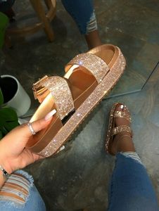 Zomer platte lente sandalen vrouwen schoenen strass estone dubbele buckle ladies strand slippers grote size euro f a