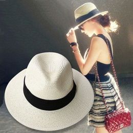 Chapeaux de soleil de plage en paille souple d'été pour femmes, classique à large bord, Panama, sombrero paja, chapeau femme paille ete chapeu feminino311A