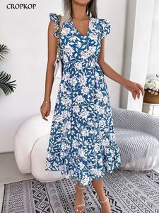 Robes midi florales d'été pour femmes sans manches sans manches robe de vieille robe de plage mode blanc V couche en robes 2023 240323