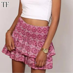 Jupe plissée florale d'été femme vintage imprimable modes rose y2k jupes courtes loison vacances bohemian minikirt 240416