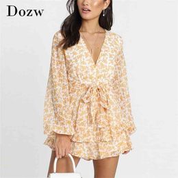 Zomer Floral Print Beach Jurk Diepe V-hals Mini Bud Es Lady Bandage Transparante Lange Mouw Holiday Sundress 210515