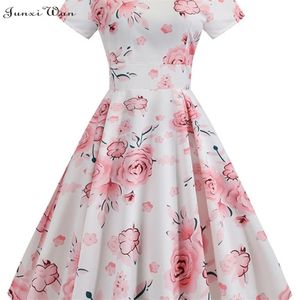 Zomer Floral Print Elegante A-lijn Party Jurk Dames Slanke witte Korte Mouw Swing Pin Up Vintage Jurken Robe Femme 220418