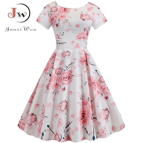 Summer Floral Print Elegant A-Line Party Dres Slim White Swing Swing Swing Pin Up Robes Vintage Plus Taille Robe Femme 220311